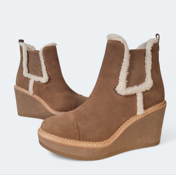 Sam Edelman Reagan Brown Suede Wedge Ankle Boots With Sherpa Trim Size 10 - Picture 1 of 17